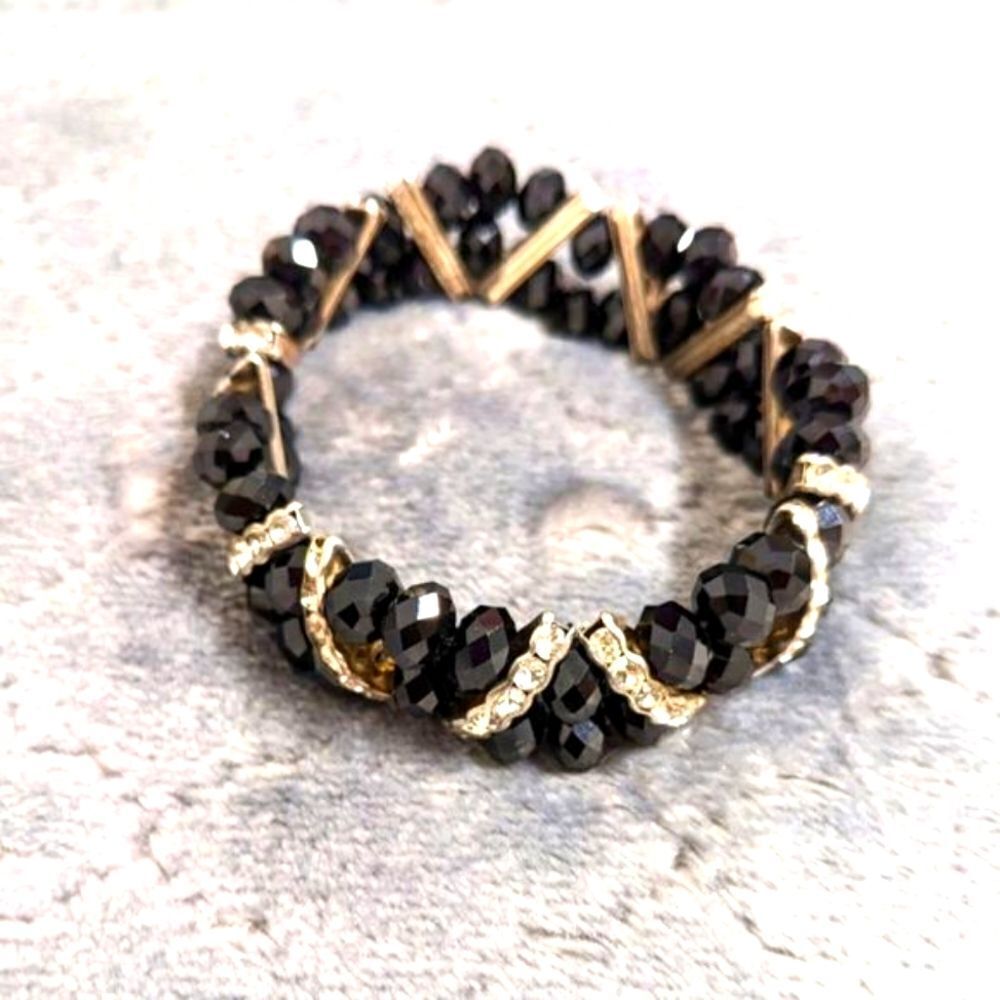 Vintage Black Crystal Bead Stretchy Bracelet with Rhinestone Accents - Picture 12 of 16